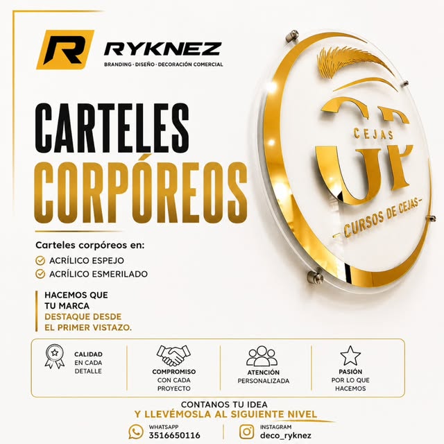 Cartel corpóreo en acrílico espejo dorado, ejemplo de trabajo Ryknez