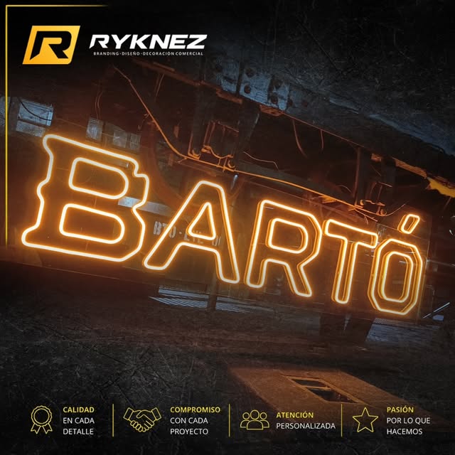 Letrero de neón cálido con el nombre BARTÓ